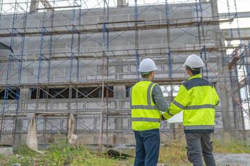 Two Asian engineer working at site of a large building project,Work overtime at construction site,Team of engineer discus at site,The architect, supervisor, and foreman meet to discuss the design