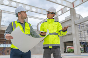 Two Asian engineer working at site of a large building project,Work overtime at construction site,Team of engineer discus at site,The architect, supervisor, and foreman meet to discuss the design