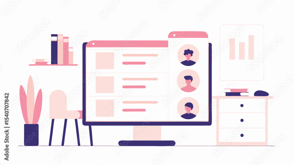 Poster illustration of a computer screen showing profile information and a desk with a chart nearby
