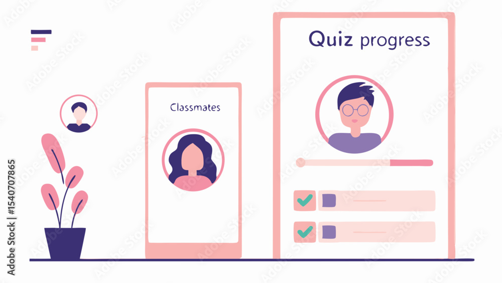Poster illustration showing two mobile interfaces with quiz progress and classmates with a potted plant nea