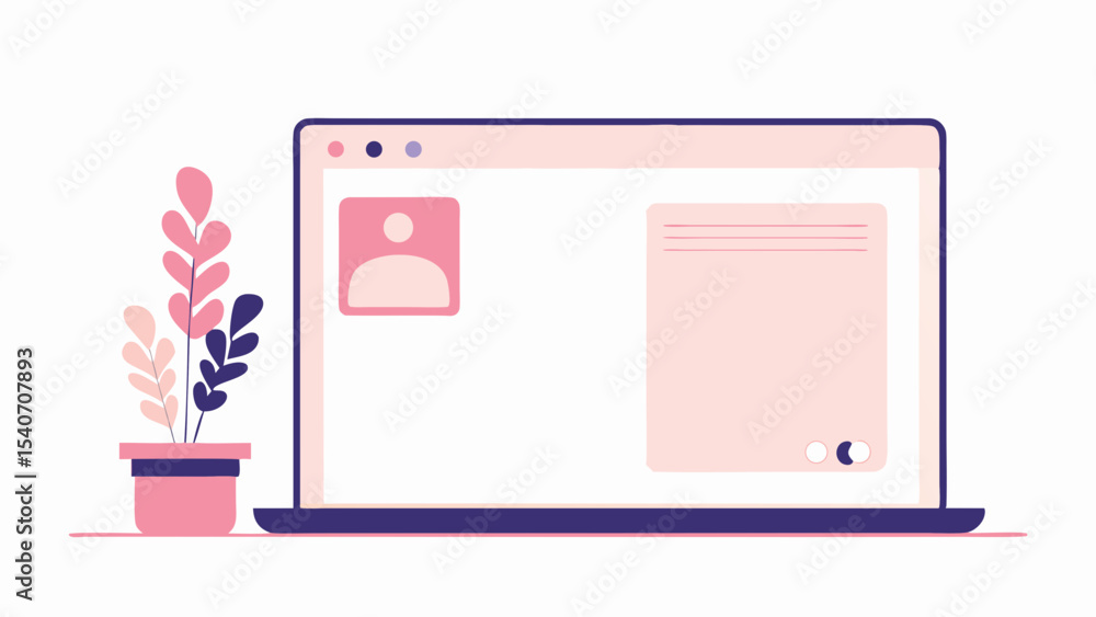 Poster laptop displaying a profile icon and a text box with a plant on the side in a light purple theme