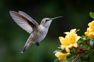 Fototapeta premium Hummingbird hovers near yellow flowers wings spread