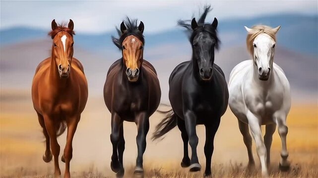 Galloping harmony of four magnificent horses in a stunning natural landscape at sunset