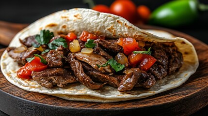 Tacos are a national Mexican product. Close up of delicious taco with meat, tomatoes, and greens on a wooden plate. The dish looks fresh and appetizing.