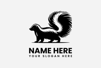 A black and white skunk with a large, fluffy tail is depicted in a minimalist design.