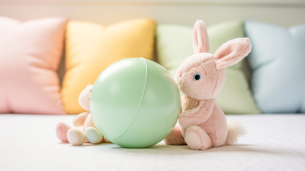 A soft, pastel photograph of a mint green spherical ball and a small plush bunny toy against a blurred background of pastel-colored cushions