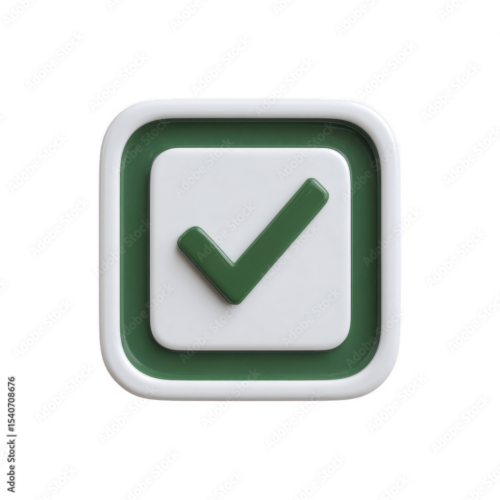 Poster a modern green check mark icon within a white rounded square. ideal for use in digital design and we