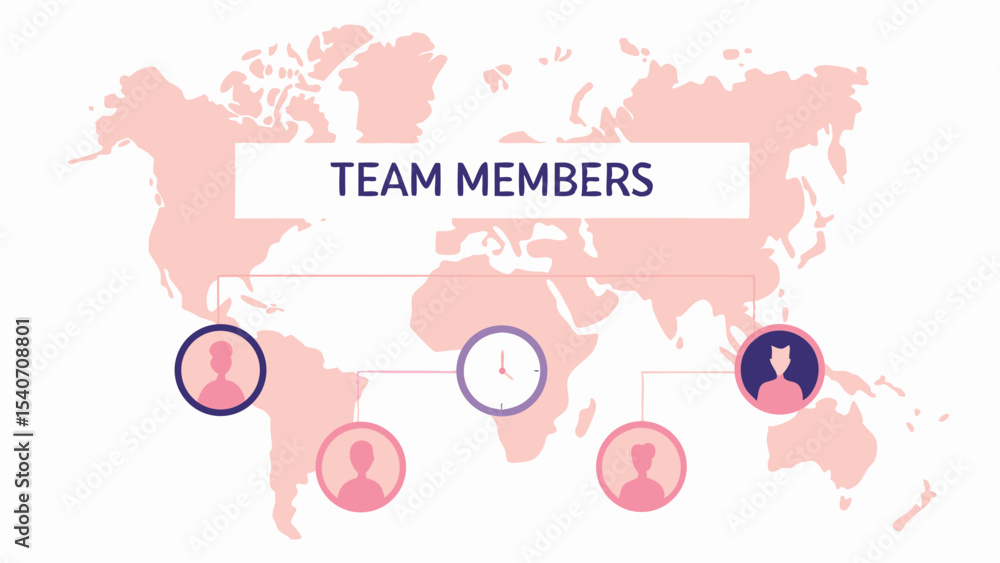 Poster team members connected across a world map with a clock indicating different time zones and collabora