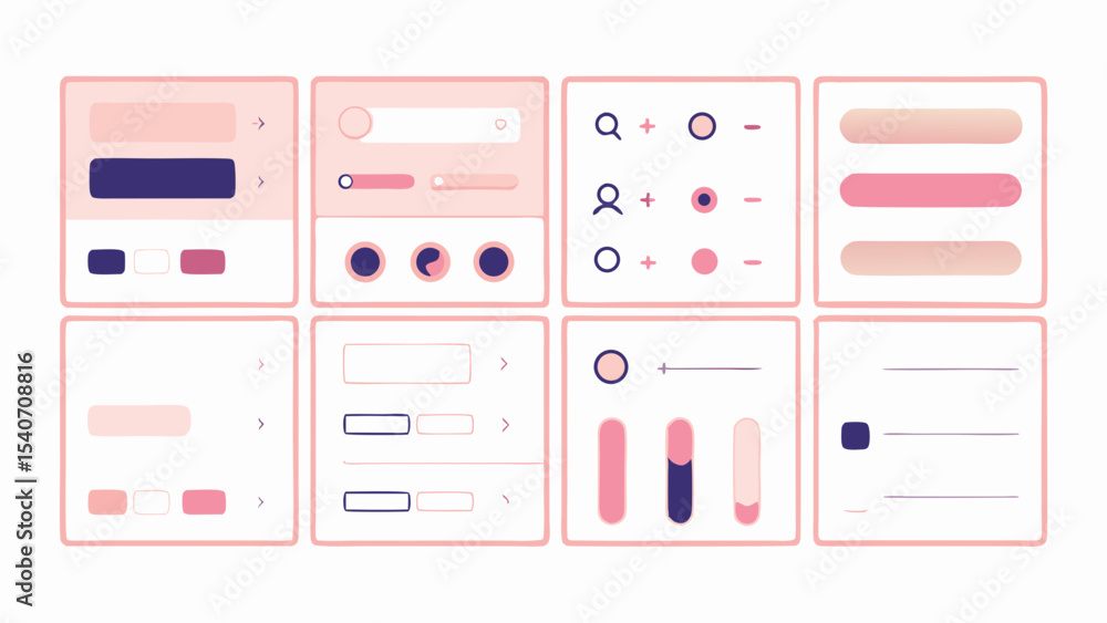 Poster illustration of eight user interface elements with buttons and sliders in pink and purple tones desi