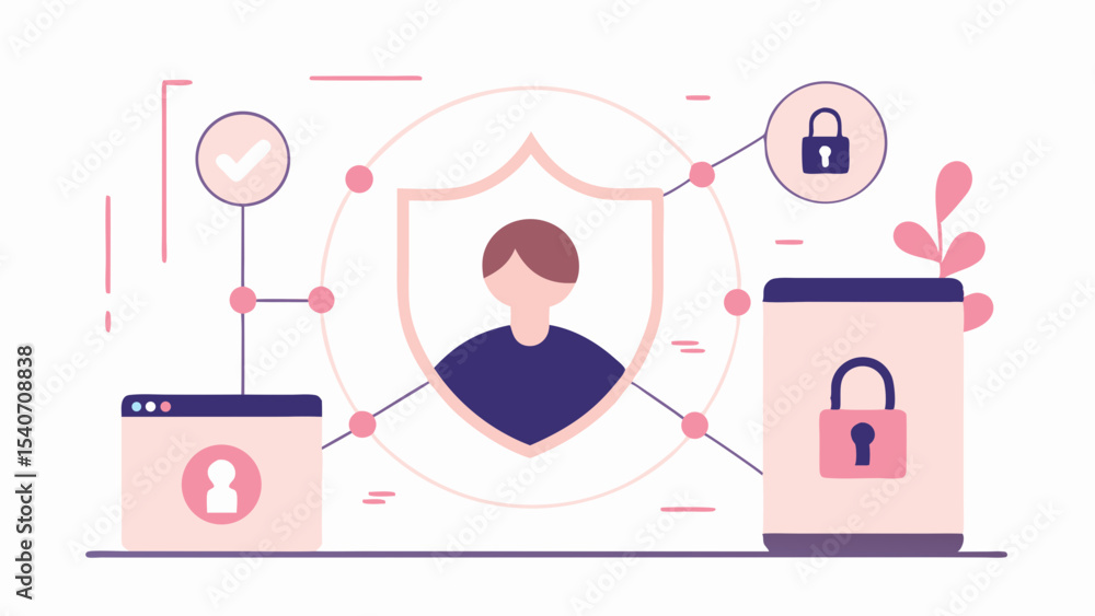 Poster illustration showing user security and data protection with shield and locked devices on white backg