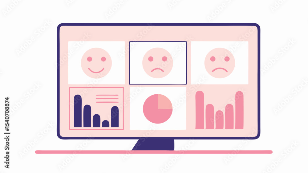 Poster monitor displaying smiley faces, sad faces, bar graphs, and a pie chart in a grid layout on a screen