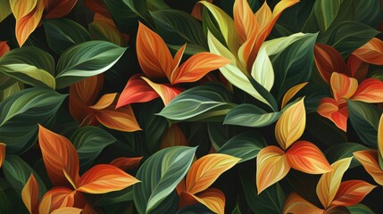 Flowers and foliage background. Tropical leaves and colorful flowers on dark foliage nature background.