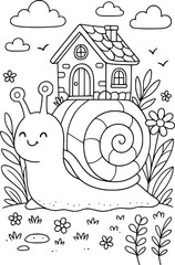 Cute Snail with House Shell Coloring Page in Garden Scene