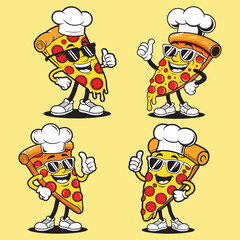 Cool Pizza Slice Cartoon Characters with Chef Hats and Sunglasses – Funny Food Vector Set