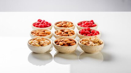 A top-down view of 9 small speckled beige ceramic bowls arranged in a 3x3 grid on a white background