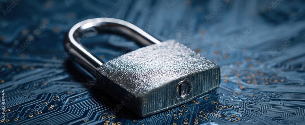 Poster the padlock resting on a digital circuit board illustrating security and technology.