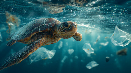 Obraz premium Turtle navigating through plastic waste ocean depths underwater photography marine environment close-up view ocean conservation