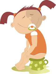 Happy childhood. Cute baby sits on the pot.  
Infant baby with a nipple sitting on the pot
