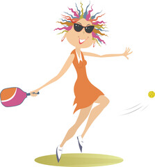 Smiling woman playing pickleball. 
Smiling girl in sunglasses with pickleball racket makes a shot. White background
