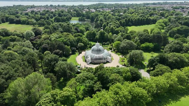 Aerial Drone footage of Sefton Park Palm House, Liverpool, England 