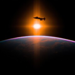 Spacecraft above sunrise over Earth