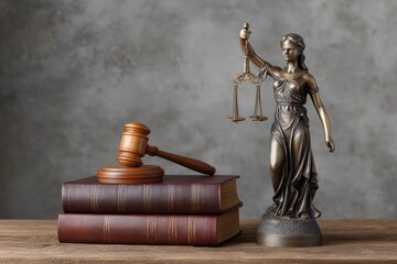 Lady Justice stands by gavel atop two books against a gray backdrop