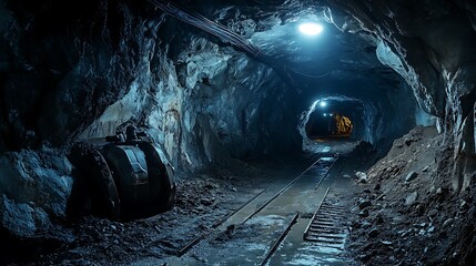 Mining tunnel showing tracks, equipment, and lights illuminating dark interior