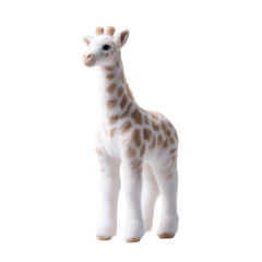 Naklejka premium A soft and cute toy giraffe with distinct spots, designed for children. Perfect for decoration or play, showcasing a friendly expression and realistic features.