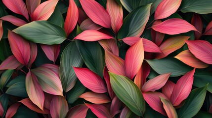 Flowers and foliage background. Tropical leaves and colorful flowers on dark foliage nature background.