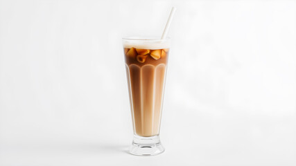 Iced coffee in a tall glass, topped with foam, with a straw, white background, minimal setup