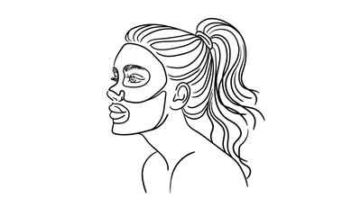 Girl applying moisturizing sheet mask on face, continious line drawing. Spa salon, cosmetology, body care, beauty routine outline. Vector illustration