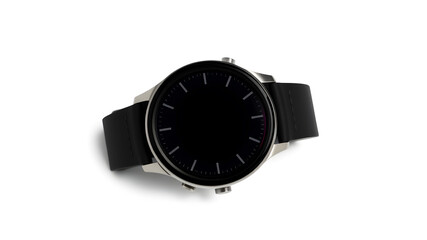 Modern smartwatch with black silicone band, screen on, centered on white background