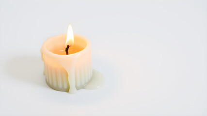 Partially melted candle with soft wax trails running down the sides, placed on a smooth white surface, gentle lighting and minimal shadow