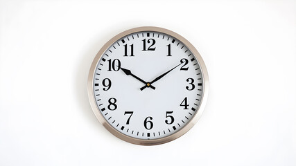 Round wall clock with white face and black numbers, centered on white background