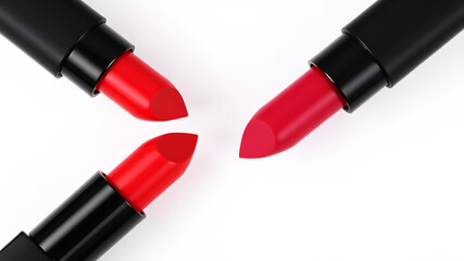Set of Three Lipsticks in Various Shades Top-Down View on White Background