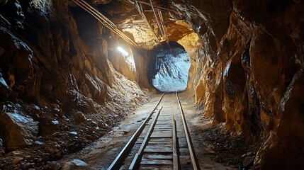 Naklejka premium Rails disappearing into the depths of a mining tunnel