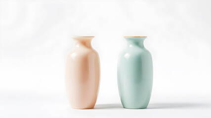 Set of two pastel vases arranged side by side, soft lighting, white backdrop