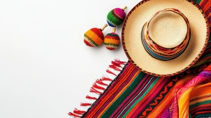 Mexican poncho with sombrero maracas against white background
