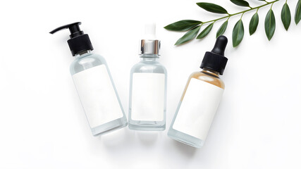 Skincare Bottles Set on White Background Toner, Serum, Moisturizer Top-Down Mockup