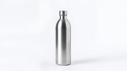 Stainless steel water bottle standing upright on a white background, soft shadow beneath