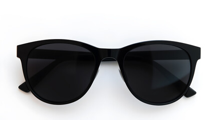 Stylish black sunglasses lying flat on a white background, top-down view