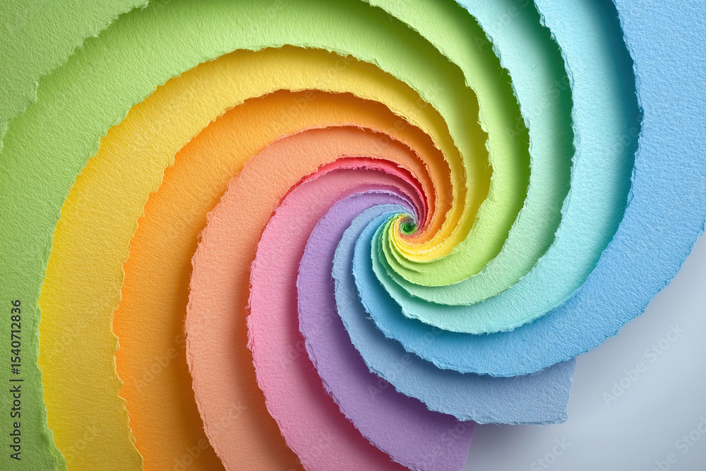 Poster close-up macro of torn pastel paper layers arranged in a spiral pattern