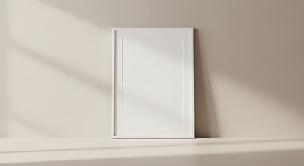 Empty white picture frame against a beige wall.