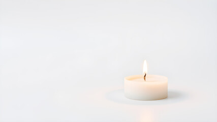 Single white candle burning on a clean white background, soft glow, minimal style