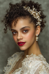 dark skin bridal portraits with pearl decoration on her head 