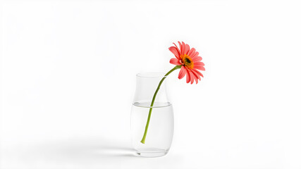 Transparent glass vase with water and a single flower, isolated on white