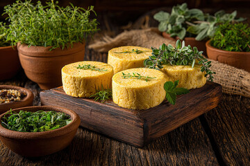 Handcrafted cheese rounds in wooden box with fresh herbs on rustic table
