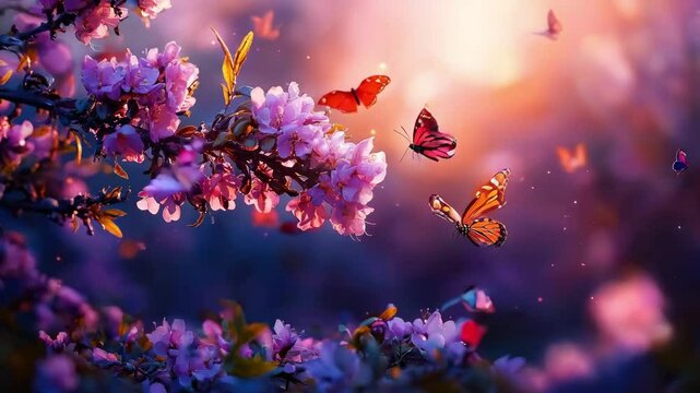 A beautiful pink flowers and butterflies flying around it.Scene is peaceful and serene, as the butterflies flutter around the tree, creating a sense of calm and tranquility