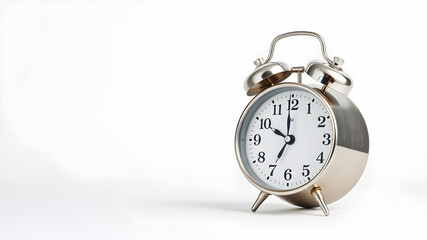 Vintage alarm clock with twin bells, angled view, white backdrop