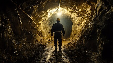 Obraz premium Miner walking in underground tunnel of dark gold mine